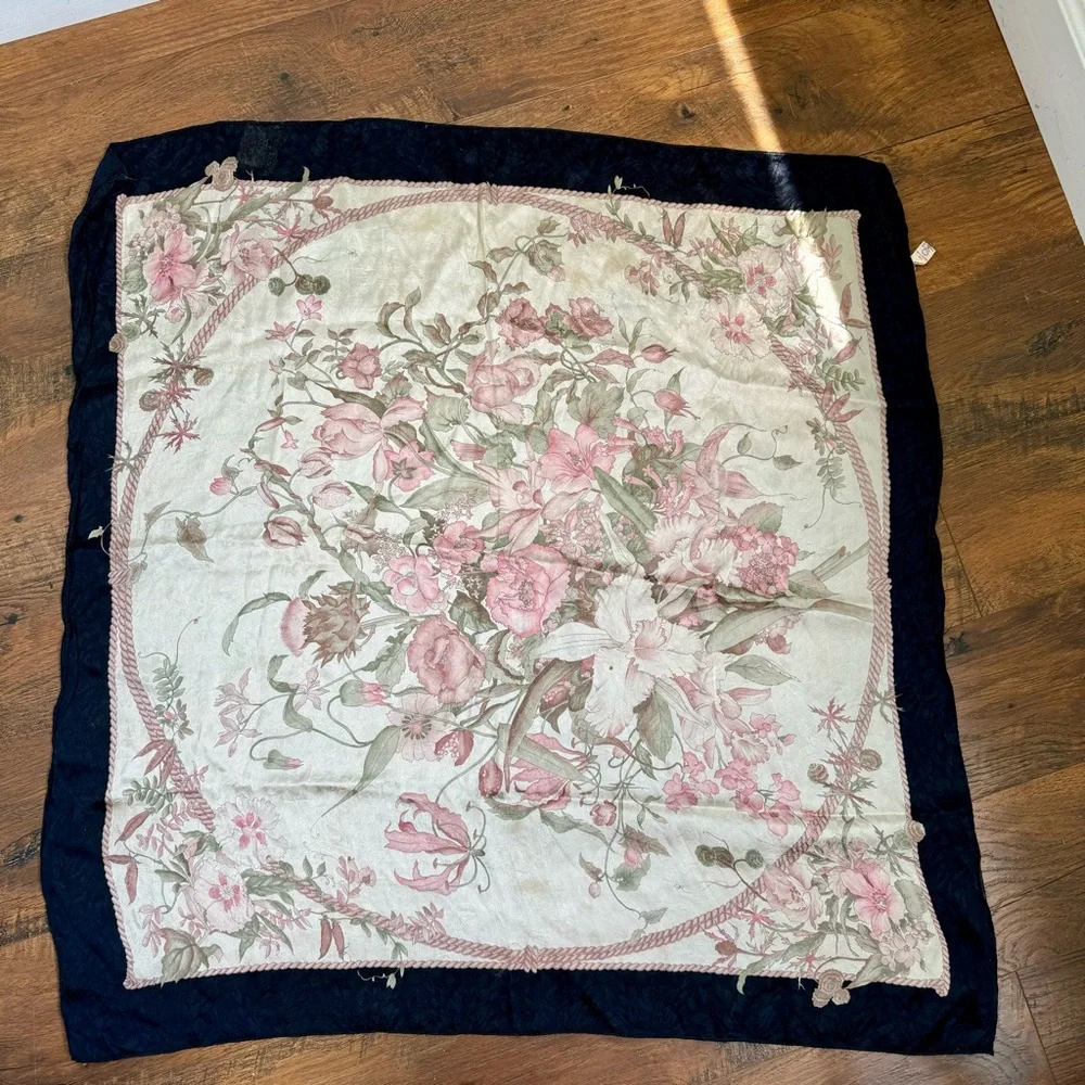 Hiroko for Dozo Cream / Pink Floral  Black Trim Silk Scarf